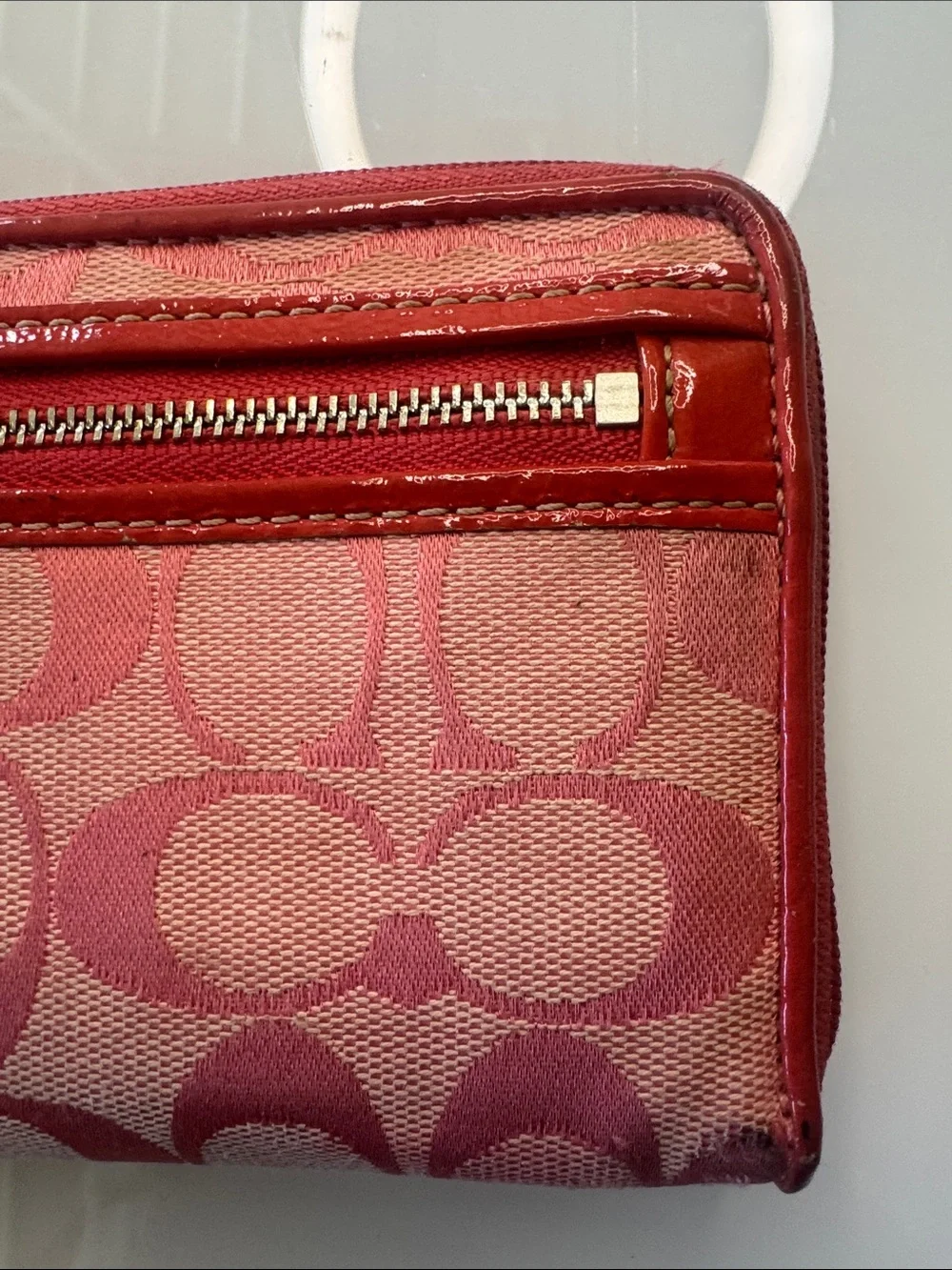 Coach Signature Zip Around Wallet in Pink and Pink Trim